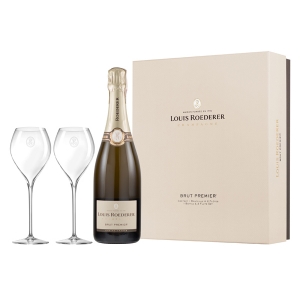 Louis Roederer ekskluzywne opakowanie z 2 oryginalnymi kieliszkami i butelką Brut Premier Champagne A.O.C.